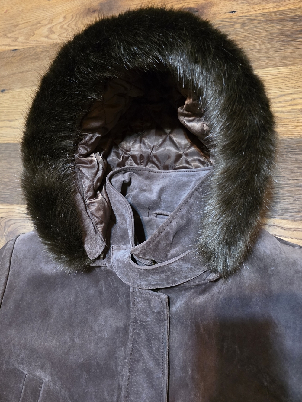 BGSD Women's Hooded Genuine Suede Leather Coat with Fur Trim - Taupe 1X